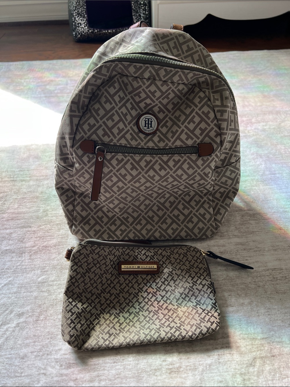 Tommy Hilfiger Beige Monogram Backpack with Matching Pouch